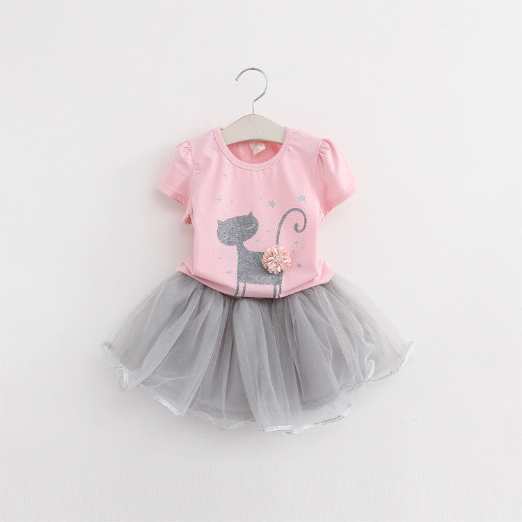 Girls Clothing Sets Summer Fashion Style Cartoon Kitten Printed T-Shirts+Net Veil Dress 2Pcs Girls Clothes Sets-Dollar Bargains Online Shopping Australia