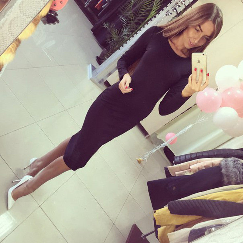 Cotton Long Sleeve Knee Length Midi Dress Slim Bodycon Bandage Autumn Black Wine Red Women Dresses Bandage Q0001-Dollar Bargains Online Shopping Australia