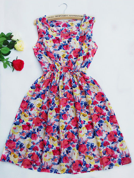 Brand Blue stars 20 Colors Fashion Women Sleeveless Florals Print Round Neck Dress Saias Femininas Summer Clothing-Dollar Bargains Online Shopping Australia
