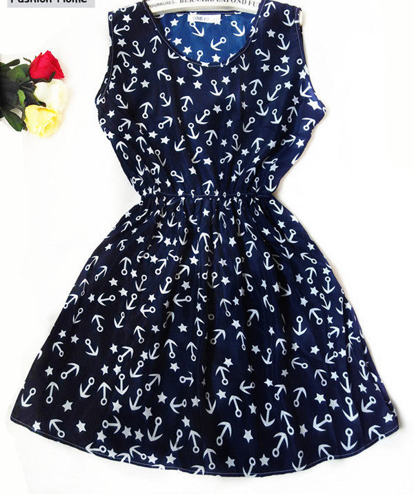 Brand Blue stars 20 Colors Fashion Women Sleeveless Florals Print Round Neck Dress Saias Femininas Summer Clothing-Dollar Bargains Online Shopping Australia