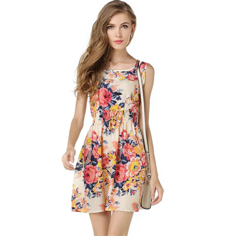 design summer dress Women casual Bohemian dress floral flower sleeveless vest printed beach chiffon top dress S092-Dollar Bargains Online Shopping Australia
