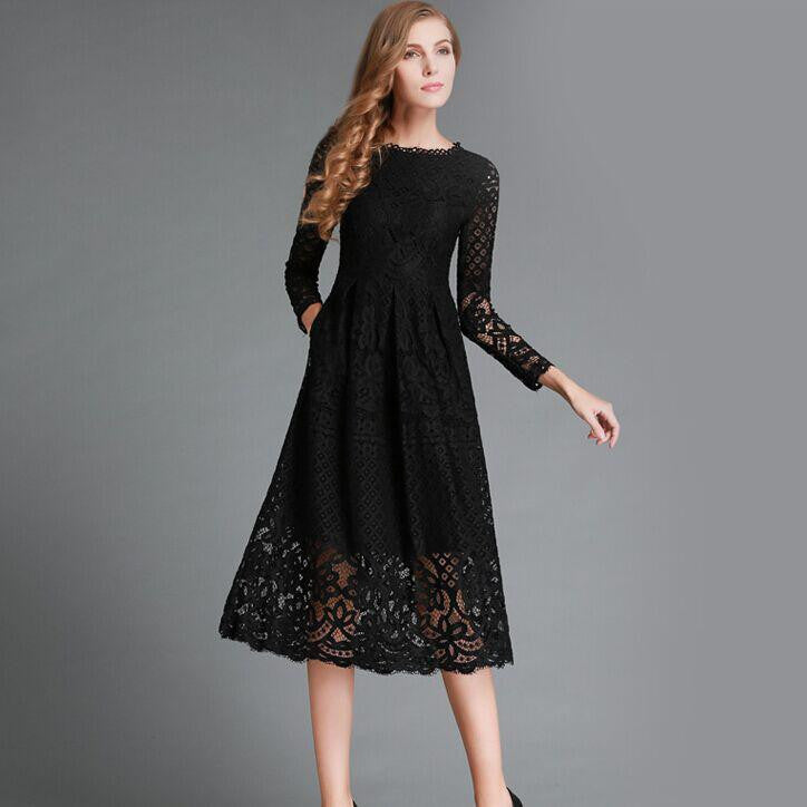 Autumn Fashion Hollow Out Elegant White Lace Elegant Party Dress High Quality Women Long Sleeve Casual Dresses H016-Dollar Bargains Online Shopping Australia