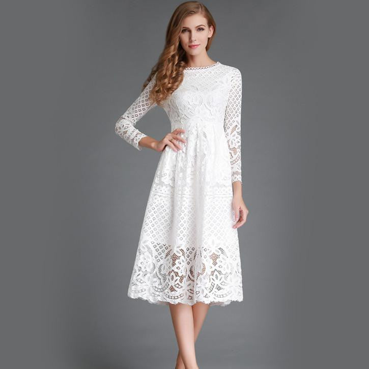 Autumn Fashion Hollow Out Elegant White Lace Elegant Party Dress High Quality Women Long Sleeve Casual Dresses H016-Dollar Bargains Online Shopping Australia