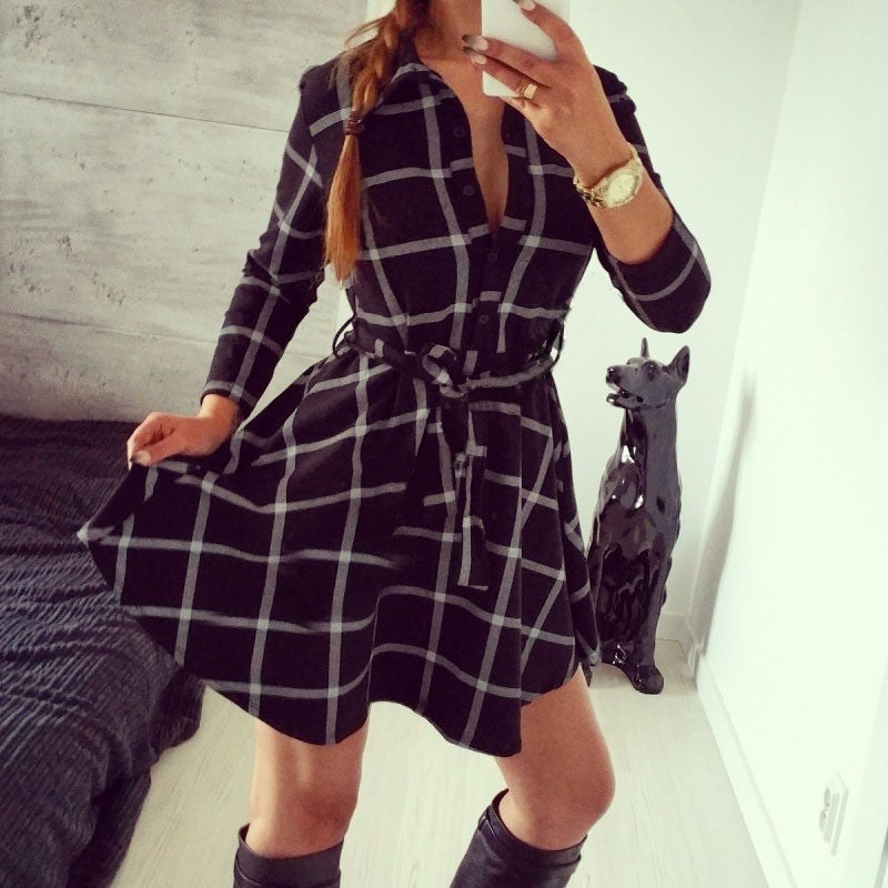 Leisure Vintage Dresses Autumn Fall Women Plaid Check Print Spring Casual Shirt Dress Mini Q0035-Dollar Bargains Online Shopping Australia