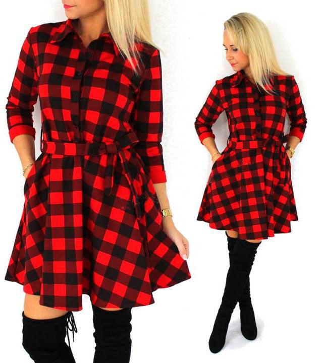 Leisure Vintage Dresses Autumn Fall Women Plaid Check Print Spring Casual Shirt Dress Mini Q0035-Dollar Bargains Online Shopping Australia