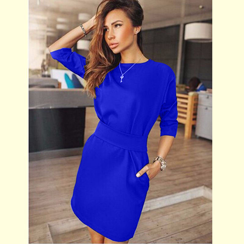 Autumn Dress Women Fashion Casual Mini Dress Solid Color Short Sleeve O-neck Women Dress Two Side Pocket Black Dresses-Dollar Bargains Online Shopping Australia