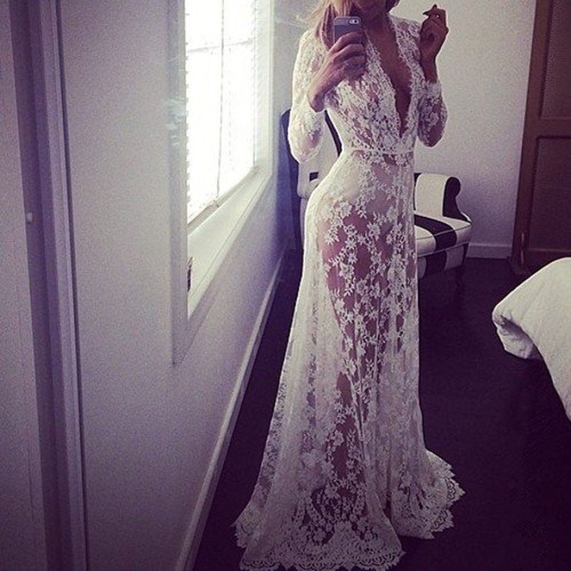 European Style Womens Sexy Lace Embroidery Maxi Solid White Dress Long Sleeve Deep V Neck Vestidos Plus Size S-XL-Dollar Bargains Online Shopping Australia