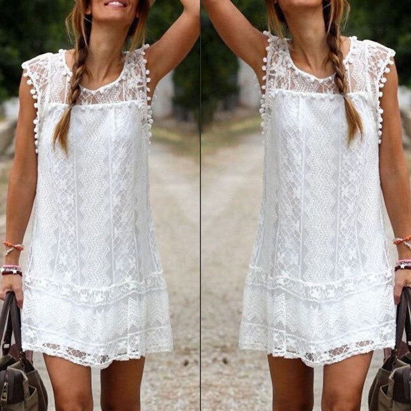 Women Casual Solid Short Sleeve Slim Lace Mini Dress Tops Ladies Sexy White Dress Plus Size-Dollar Bargains Online Shopping Australia