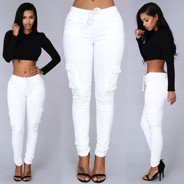 LIENZY Summer Casual Multi Pocket Pants High Waist Solid Lacing White Red Army Khaki Shiny Pencil Pants Capris Women Trousers-Dollar Bargains Online Shopping Australia