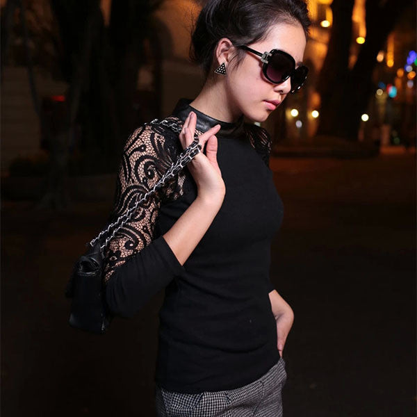 Women Lace Long Sleeve shirt Slim Knitwear Leather Crew Neck Tops-Dollar Bargains Online Shopping Australia