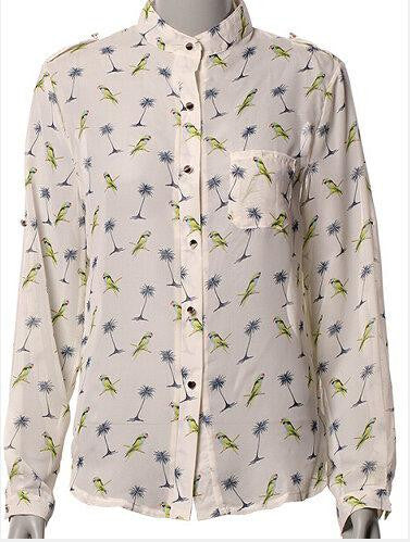 Spring Summer Women Long - Sleeve Bird Printed Casual Chiffon Shirt Fashion Slim Blouse Shirts For Women-Dollar Bargains Online Shopping Australia
