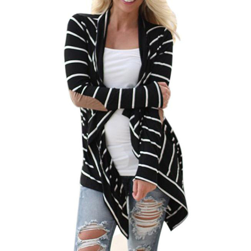 Black and White Tshirt Striped Elbow Patching PU Leather Long Sleeve Knitted Cardigan Fall Slim Spring Autumn Women Sweater-Dollar Bargains Online Shopping Australia