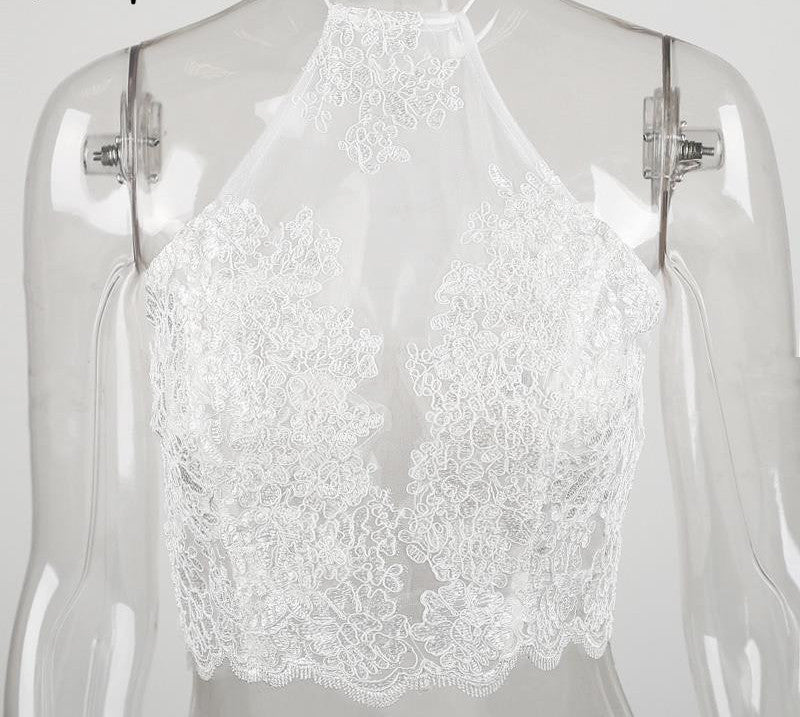 Elegant white lace crop top Summer beach backless short halter tops Sexy white party camis gauze metallic women tank top-Dollar Bargains Online Shopping Australia