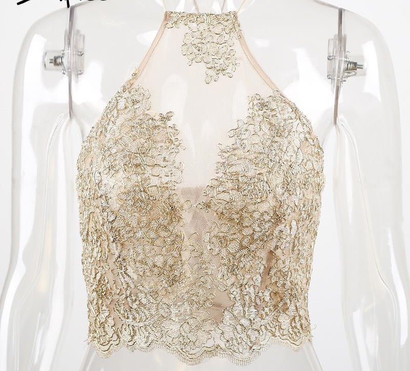 Elegant white lace crop top Summer beach backless short halter tops Sexy white party camis gauze metallic women tank top-Dollar Bargains Online Shopping Australia