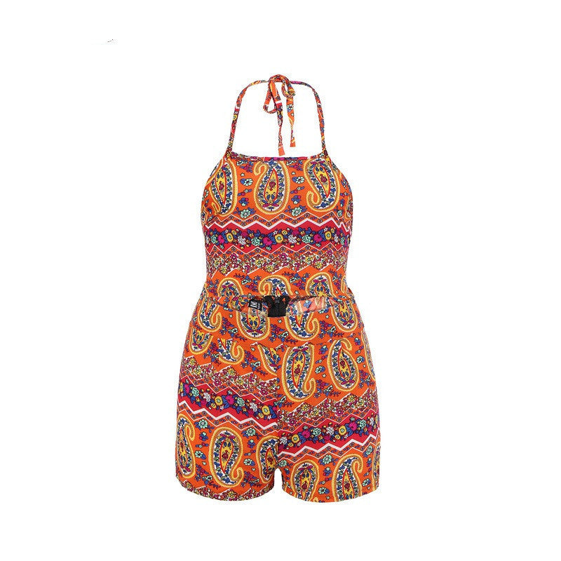 Fashion Women Boho Floral Printed Halter Playsuit Sexy Backless Sleeveless Beach Summer Short Jumpsuit Rompers-Dollar Bargains Online Shopping Australia