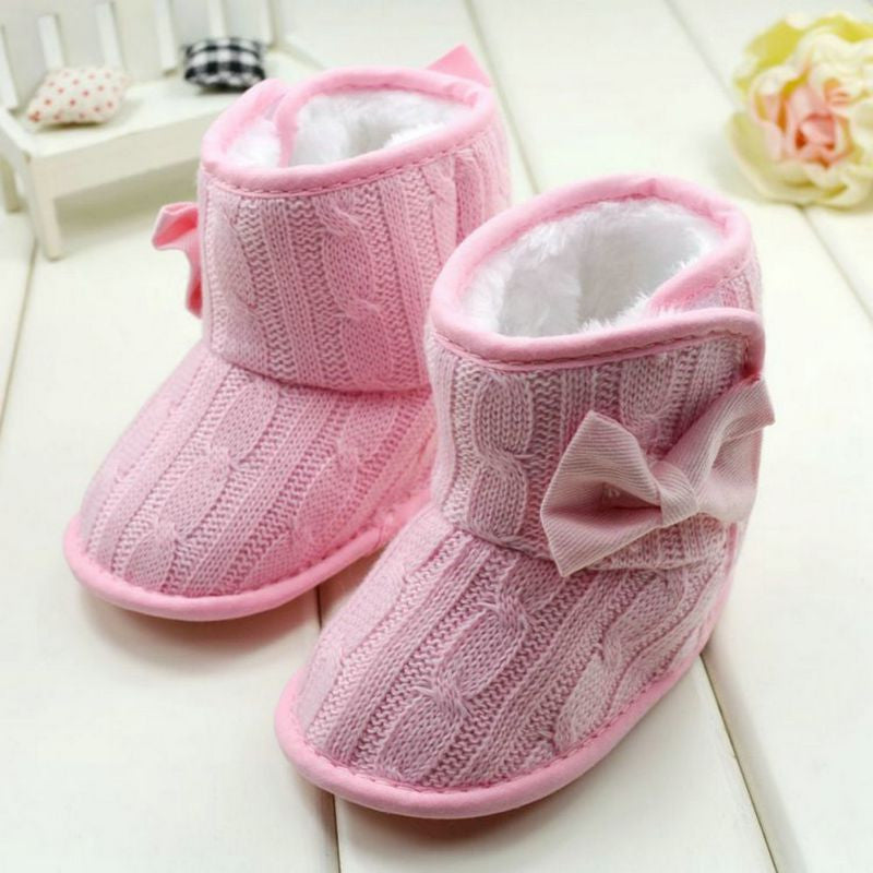 Baby Girl Knit Bowknot Faux Fleece Snow Boot Soft Sole Kids Wool Baby Shoes 3-18M-Dollar Bargains Online Shopping Australia