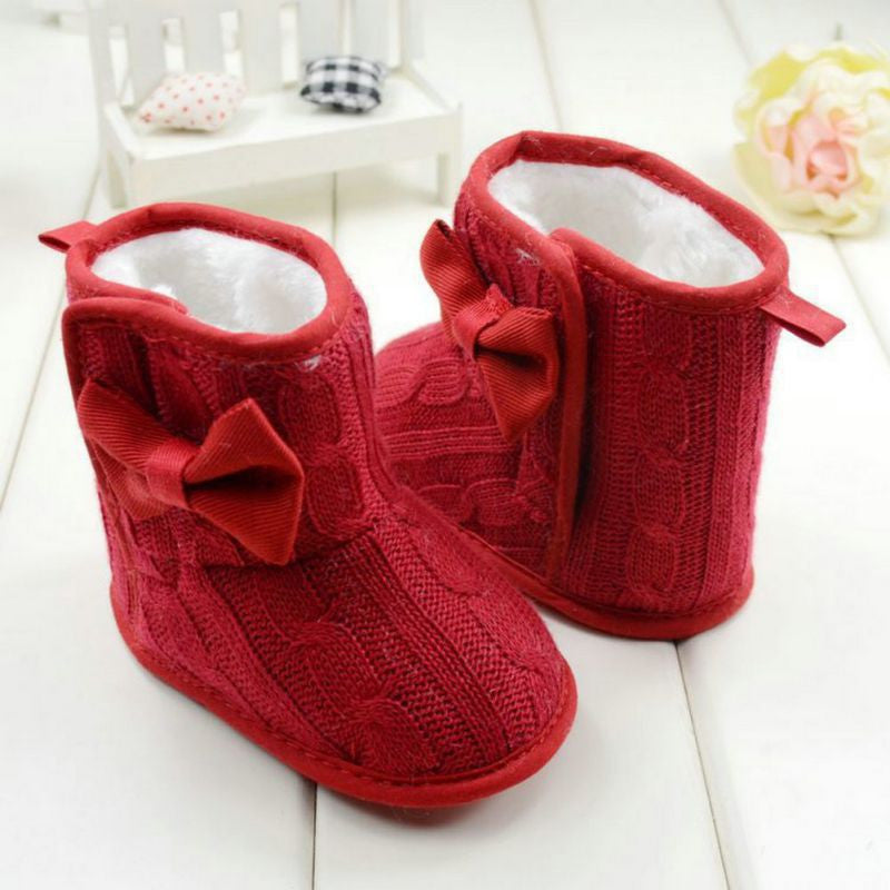 Baby Girl Knit Bowknot Faux Fleece Snow Boot Soft Sole Kids Wool Baby Shoes 3-18M-Dollar Bargains Online Shopping Australia