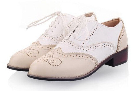 Fashion Vintage Leather Black And White Cutout Carved Lace Up Low Heel Oxford Brogue Flat Shoes For Women Plus Size Casual Shoe-Dollar Bargains Online Shopping Australia