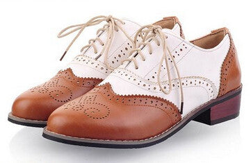 Fashion Vintage Leather Black And White Cutout Carved Lace Up Low Heel Oxford Brogue Flat Shoes For Women Plus Size Casual Shoe-Dollar Bargains Online Shopping Australia