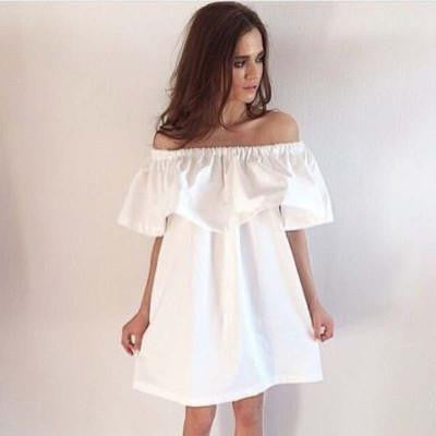 Ruffles Slash Neck Women Dress Summer Style Off Shoulder Vestidos Sexy Solid Dresses Loose Beach Dress Cotton WDA0086-Dollar Bargains Online Shopping Australia