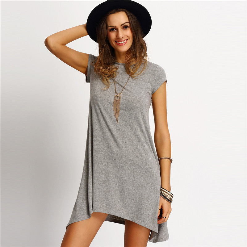 Womens Summer Dresses Ladies Grey Asymmetric Hem Casual Round Neck Short Sleeve Shift Tees Dress-Dollar Bargains Online Shopping Australia