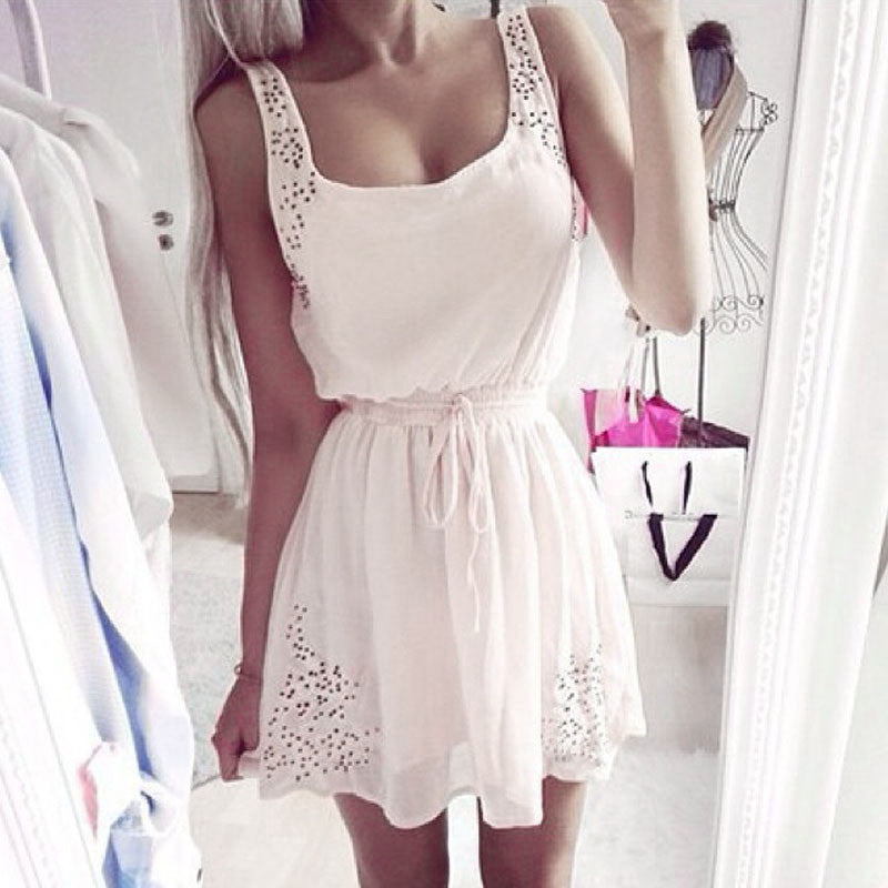 Sexy Womens Dresses Slim Sleeveless Hollow White Women Summer Dress Lady 2 Color Chiffon Mini Dresses Vestidos casual-Dollar Bargains Online Shopping Australia