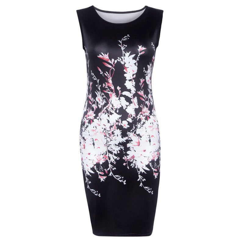 Autumn Women Sexy Dresses Ladies Elegant Black Sleeveless Knee Length Floral Print Sheath Dress-Dollar Bargains Online Shopping Australia