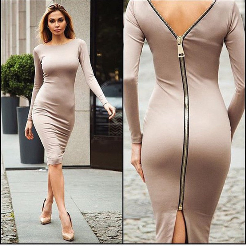 Bodycon Sheath Dress Little Black Long Sleeve Party Dresses Women Clothing Back Full Zipper Robe Sexy Femme Pencil Tight Dress-Dollar Bargains Online Shopping Australia