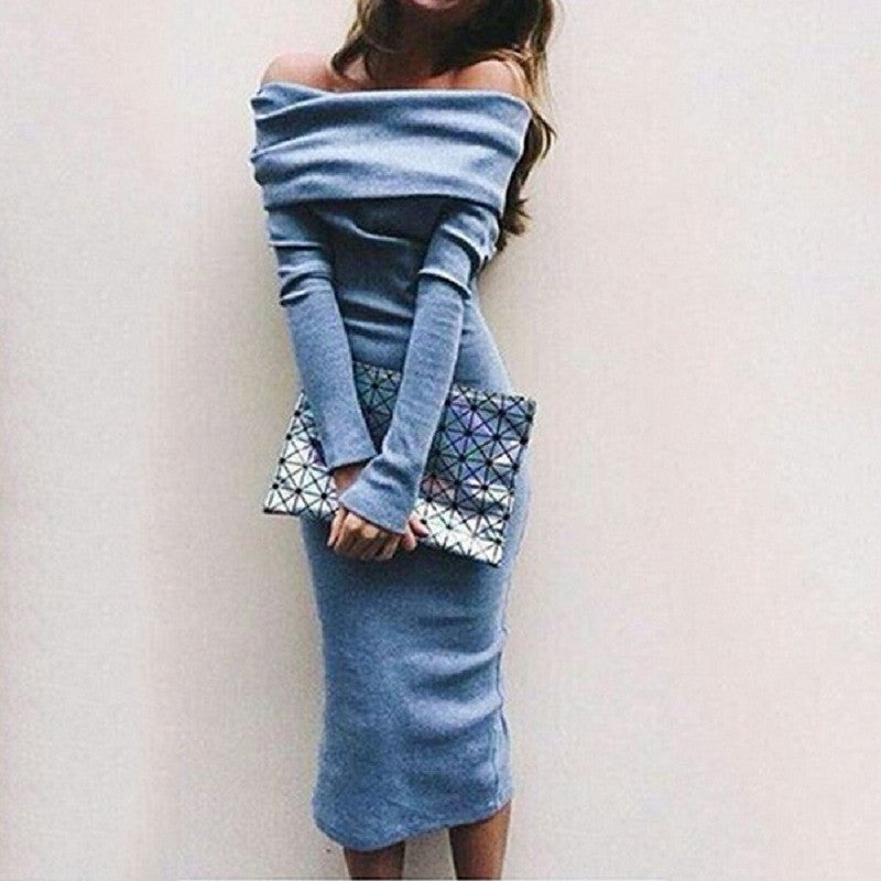 Women Autumn Lady Long Sleeve Off Shoulder Vogue Stylish Charming Adorable Long Maxi Bodycon Sexy Club Dress vestido-Dollar Bargains Online Shopping Australia