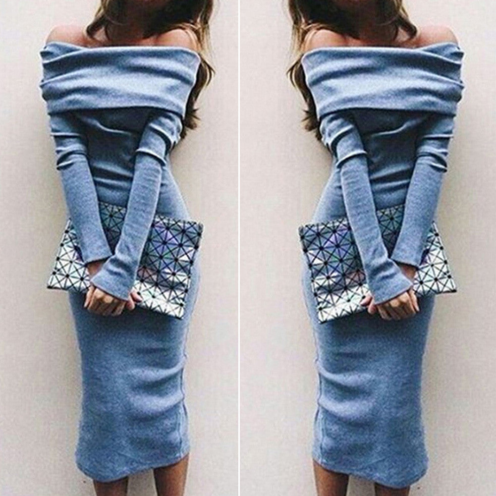 Women Autumn Lady Long Sleeve Off Shoulder Vogue Stylish Charming Adorable Long Maxi Bodycon Sexy Club Dress vestido-Dollar Bargains Online Shopping Australia