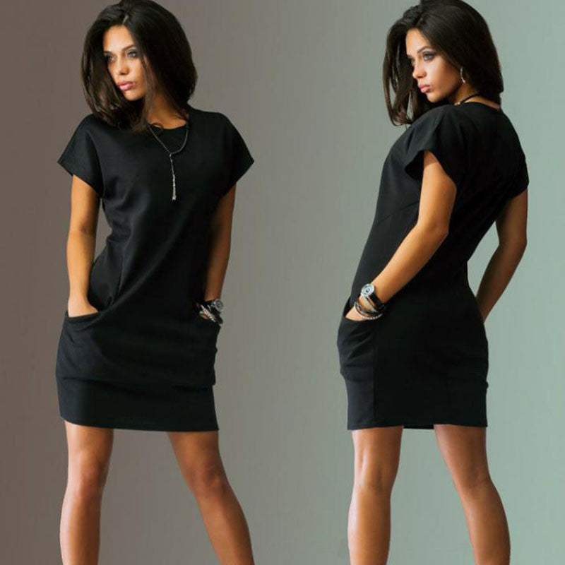 Summer Dress Black Red Women Dress Short Sleeve Pockets Loose Casual Vestido Corto O-Neck Women's Mini Dress-Dollar Bargains Online Shopping Australia