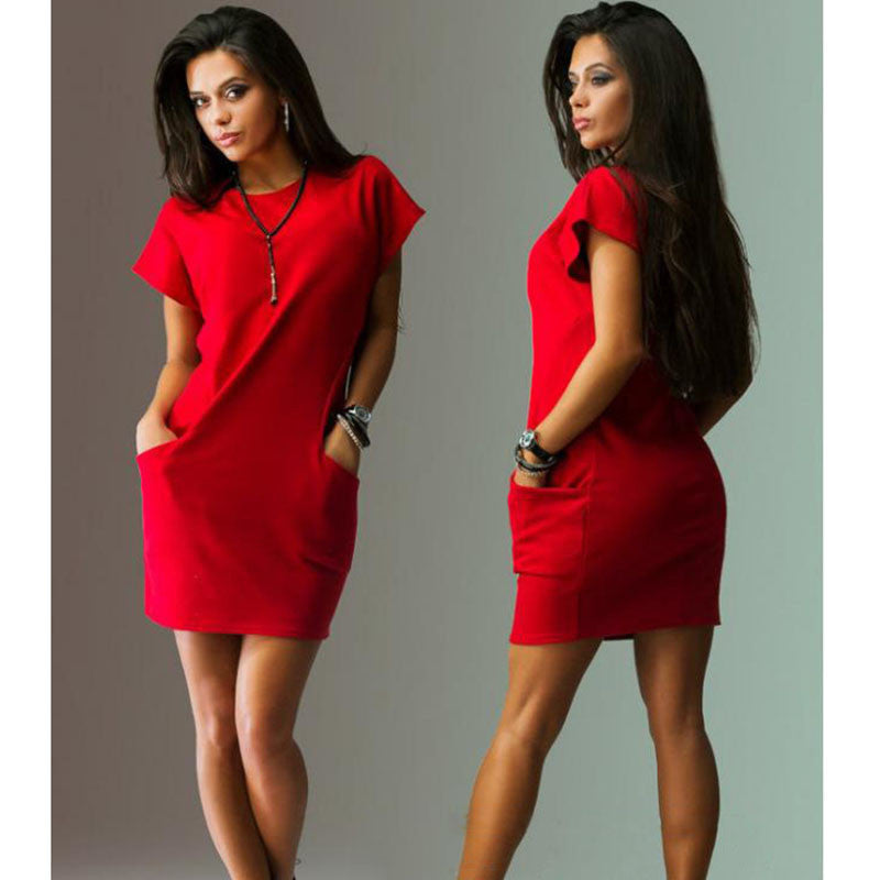 Summer Dress Black Red Women Dress Short Sleeve Pockets Loose Casual Vestido Corto O-Neck Women's Mini Dress-Dollar Bargains Online Shopping Australia