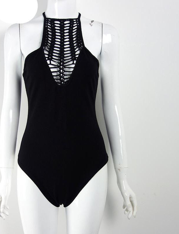 BerryGo Summer hollow out black bodysuit Women halter tops beach backless blouse female Cotton sleeveless jumpsuit rompers-Dollar Bargains Online Shopping Australia