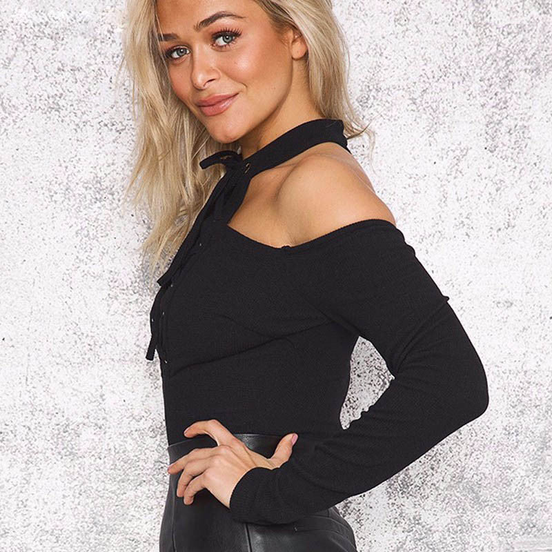Sexy Knitted Bodysuit Slim Halter Off Shoulder Lace Up Hollow Out Overalls Club Wear Women Black Jumpsuit Rompers-Dollar Bargains Online Shopping Australia