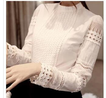 Women's Shirts Long-sleeved Blouses Slim Basic Tops Hollow Lace Shirts For Female J2531-Dollar Bargains Online Shopping Australia