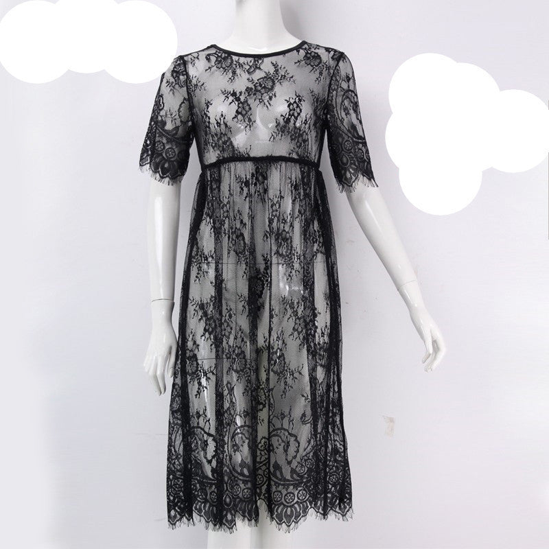 Women Midi Dresses Casual Long Black Short Sleeve O Neck See Through Beach Wear Lace Sexy Dress DR5992-Dollar Bargains Online Shopping Australia