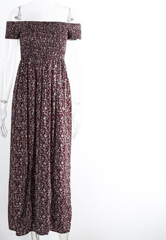 side split off shoulder print summer dress High waist pleated maxi dress women Vintage beach dress-Dollar Bargains Online Shopping Australia
