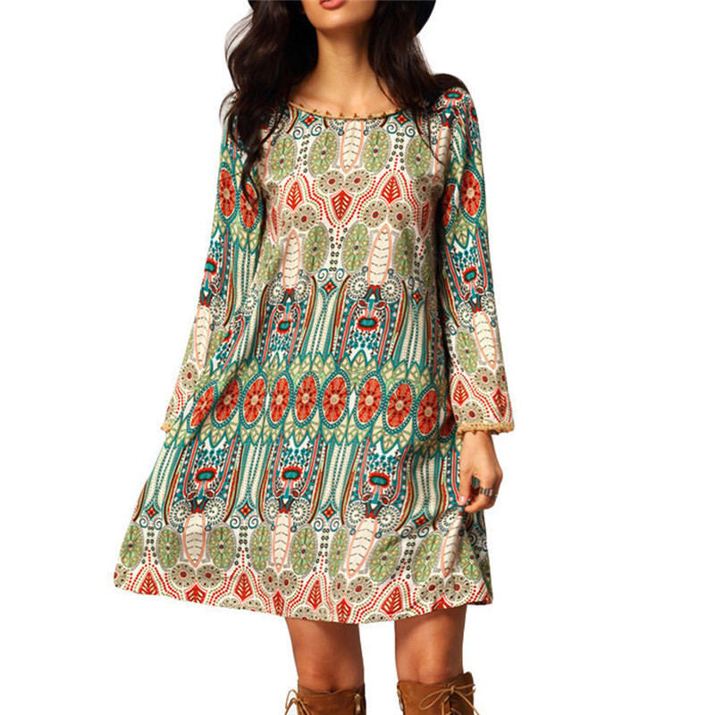 Summer Vintage Ethnic Dress Sexy Women Boho Floral Printed Casual Beach Dress Loose Sundress-Dollar Bargains Online Shopping Australia