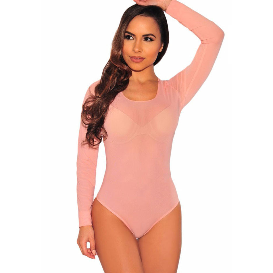Nude Transparent Sexy Bodysuit Women Rompers Bodycon Jumpsuit Long Sleeve Mesh Bodysuit Sheer See Through Turtleneck Bodysuits-Dollar Bargains Online Shopping Australia
