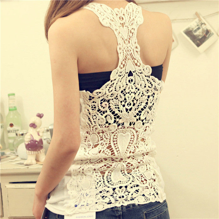 Summer Fashion Womens Tank top Sexy lace tops Crochet Back Hollow-out woman Vest Camisole lace Black& Whit Vest-Dollar Bargains Online Shopping Australia
