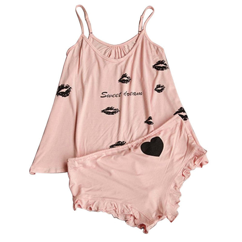Summer Women Sleepwear Letter Print Braces Shirts+Shorts Underwear Pajamas Set-Dollar Bargains Online Shopping Australia