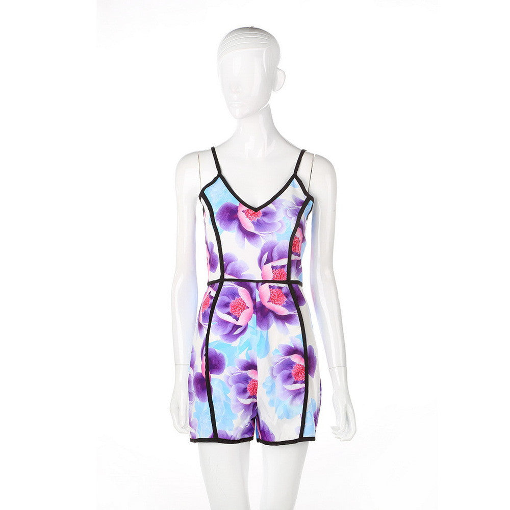 Women Print Slim Fit Deep V Sleeveless Flower Vest Shorts playsuit Plus Size Rompers Jumpsuit-Dollar Bargains Online Shopping Australia