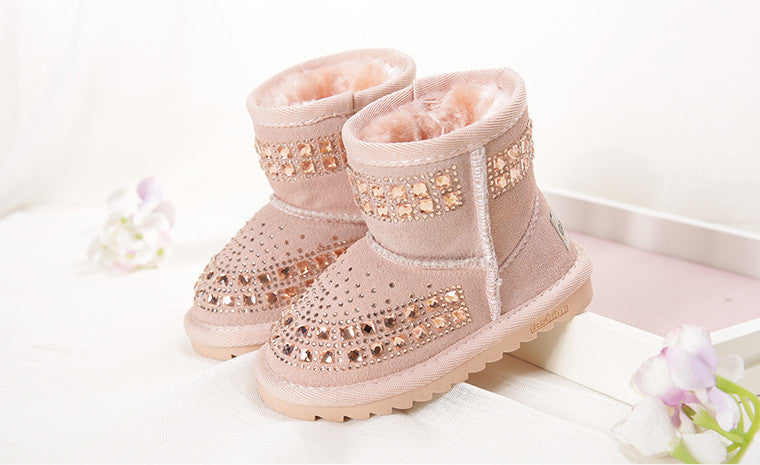 winter children snow boots reihnstone kids leather boots warm shoes with fur princess baby girls ankle boots-Dollar Bargains Online Shopping Australia