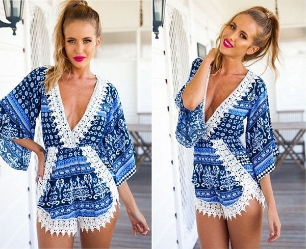 Summer Women Casual Loose Lace Floral V-neck Jumpsuits Rompers Short Pants Elegant Jumpsuit-Dollar Bargains Online Shopping Australia