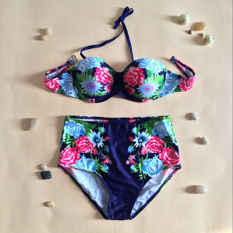 High Waist Swimwear Plus Size Vintage Floral Print Push Up Bikini Set