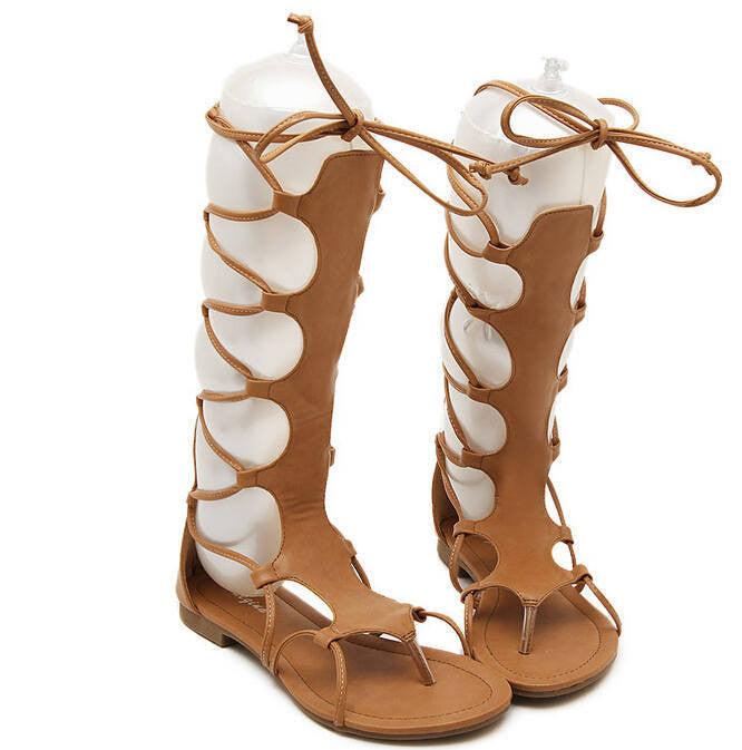 Women Knee High Gladiator Sandals Hollow Out Size 35-40 PU Leather Summer Open Toe Black/Brown Flip Flops Flat Sandals-Dollar Bargains Online Shopping Australia