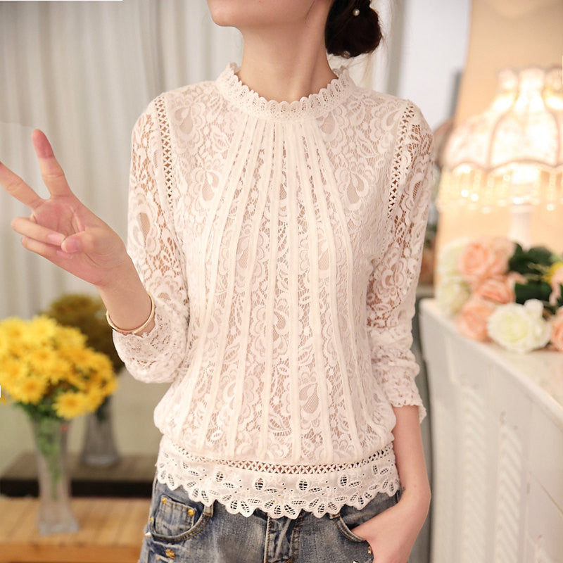 Summer Ladies White Blusas Women's Long Sleeve Chiffon Lace Crochet Tops Blouses Women Clothing Feminine Blouse 51C-Dollar Bargains Online Shopping Australia