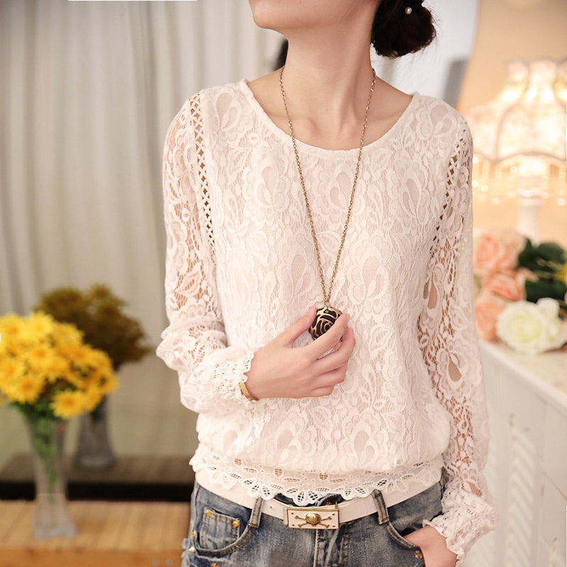 Summer Ladies White Blusas Women's Long Sleeve Chiffon Lace Crochet Tops Blouses Women Clothing Feminine Blouse 51C-Dollar Bargains Online Shopping Australia