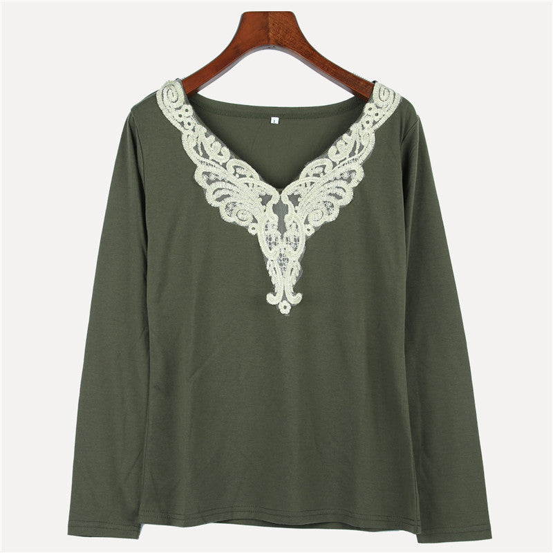 women's fashion Hollow lace collar Slim casual Long Sleeve shirt V-neck embroidered tops-Dollar Bargains Online Shopping Australia
