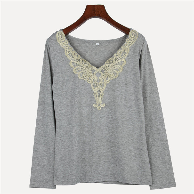 women's fashion Hollow lace collar Slim casual Long Sleeve shirt V-neck embroidered tops-Dollar Bargains Online Shopping Australia